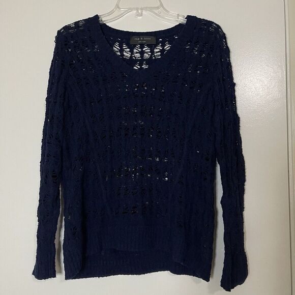 RAG & BONE navy blue crochet distressed oversized jumper sweater Small - Picture 1 of 4